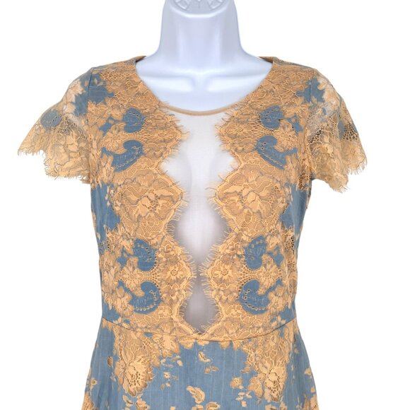 Storia Floral Lace Mesh Short Sleeve Mini Dress Blue Beige Size Small - Picture 2 of 13